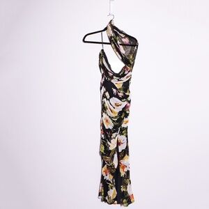 Abercrombie & Fitch Mesh Asymmetrical Off The Shoulder Draped Print Maxi Dress M